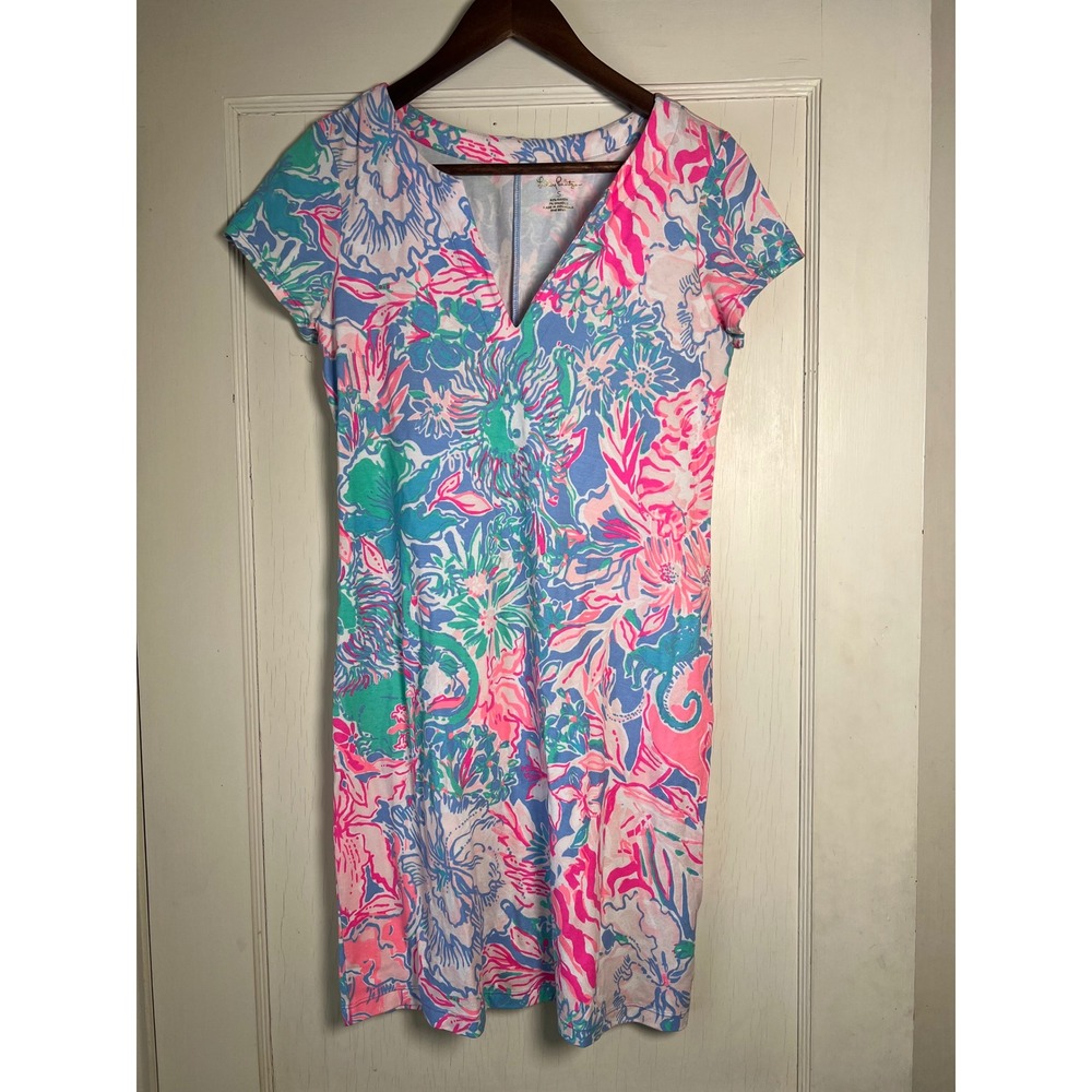 Lilly Pulitzer Essie V-Neck T-Shirt Dress Blue‎ Pink Green Floral Print Size S